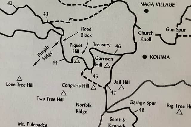 A map of the Kohima area which shows top right McRobert Hill (sic), named after Captain JCT MacRobert, of Paisley.