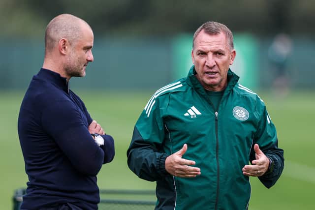 Celtic manager Brendan Rodgers (right)with Professional Player Pathway Manager Shaun Maloney during a training session at Lennoxtown on Thursday. (Photo by Craig Williamson / SNS Group)