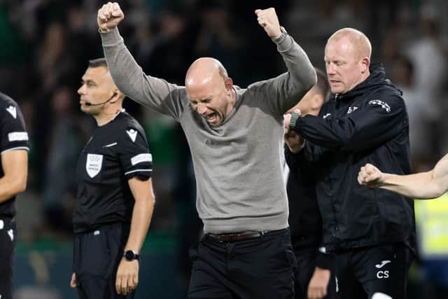 Hibs head coach David Gray celebrates the win over Partizan Belgrade.