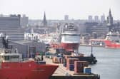 A view standing on the top deck of Hildasay freight ship berthed in Aberdeen harbour 