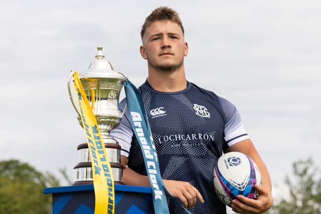 Selkirk's Corey Tait with the Arnold Clark Men's Premiership Trophy. (Photo by Ross MacDonald / SNS Group)