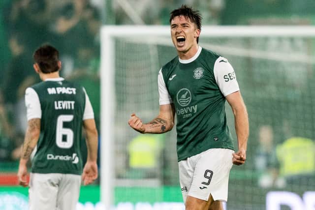 Hibs striker Kieron Bowie celebrates his 35 yard wonder strike against Partizan Belgrade.
