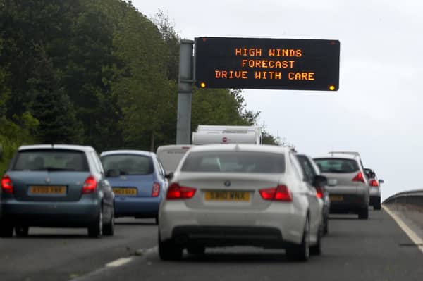 A road sign warning of high winds on the A9