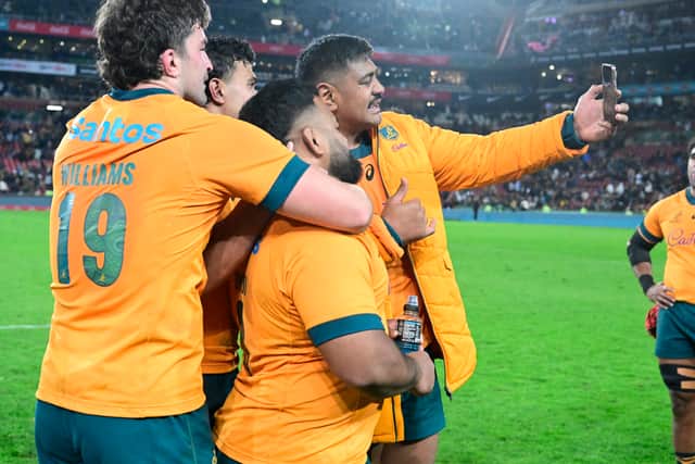 Will Skelton takes a selfie as Australia celebrate their win over South Africa.