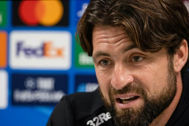 Rangers head coach Russell Martin during his pre-match press conference ahead of facing Club Brugge in the Champions League play-off first leg at Ibrox. (Photo by Alan Harvey / SNS Group)
