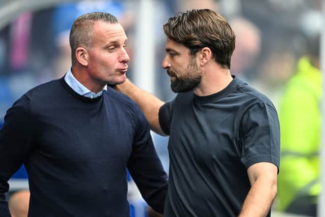 Rangers head coach Russell Martin (R) with Club Brugge head coach Nicky Hayen during the pre-season friendly between the clubs at Ibrox last month. (Photo by Rob Casey / SNS Group)