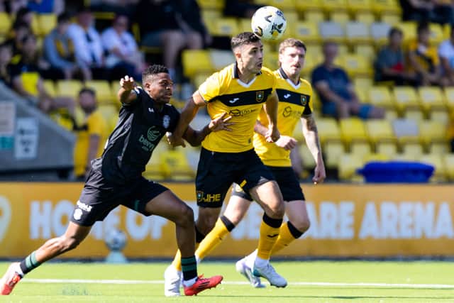 Miguel Chaiwa puts pressure on Livingston's Andy Winter during Hibs' win over Livingston.