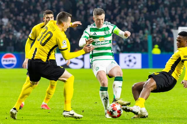 Miguel Chaiwa tackles Celtic's Callum McGregor during a Champions League match in January.
