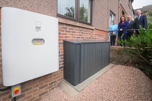 Muriel Allison with Kate Forbes as she becomes the first resident in the world to install the Kight PowerHub battery storage energy system