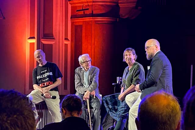 Paul Laverty (left), Ken Loach, Rebecca O’Brien and host Guy Lodge at the Edinburgh International Film Festival