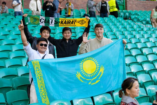 Kairat Almaty fans enjoy the pre-game atmosphere ahead of the Champions League first leg playoff clash against Celtic on Wednesday.
