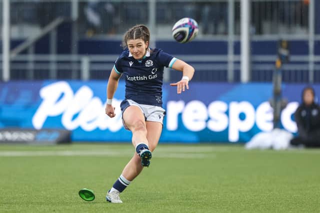 Scotland's Helen Nelson converts a first half try during Scotland's win over Wales in the Guinness Women's Six Nations match at Hive Stadium earlier this year.