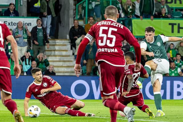 Josh Mulligan scores for Hibs to ensure Legia Warsaw will only take a one-goal lead back to Poland in the Conference League play-off tie.  (Photo by Ross Parker / SNS Group)