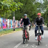 Trying out the new e-bikes at the Meadows: transport convener Stephen Jenkinson (left) and Voi's UK general manager James Bolton.  Picture: Neil Johnstone.
