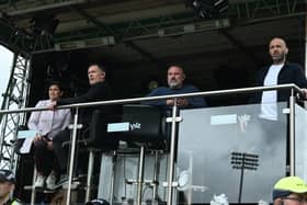 Sky Sports presenter Eilidh Barbour alongside pundits Chris Sutton, Kris Boyd and James McFadden during a William Hill Premiership match between St Mirren and Rangers at the SMiSA Stadium, on August 24, 2025, in Paisley, Scotland. (Photo by Rob Casey / SNS Group)