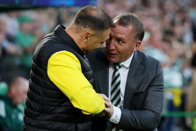 Celtic manager Brendan Rodgers shakes hands with Rafael Urazbakhtin, head coach of Kairat Almaty, prior to last week's Champions League play-off first leg. (Photo by Ian MacNicol/Getty Images)