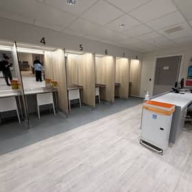Injection bay areas in the Using Space at Thistle Centre Safer Drugs Consumption Facility in Glasgow