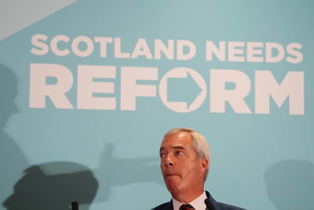 Reform UK party leader Nigel Farage speaks during a press conference at the Houston Suite, Macdonald Houstoun House, in Uphall, Broxburn.