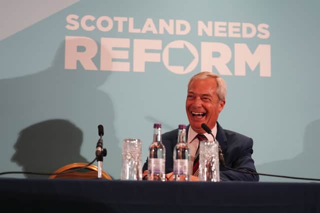 Reform UK party leader Nigel Farage speaks during a press conference at the Houston Suite, Macdonald Houstoun House, in Uphall, Broxburn.