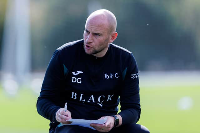 Hibs head coach David Gray during a training session ahead of the Conference League play-off second leg against Legia Warsaw.  (Photo by Mark Scates / SNS Group)
