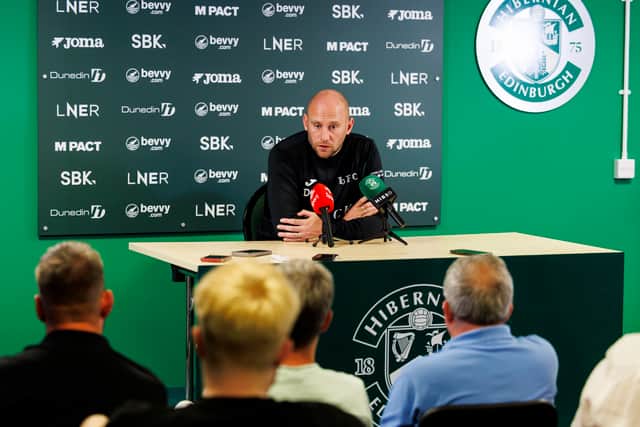 Hibs head coach David Gray during a press conference ahead of the trip to Legia Warsaw in the Conference League play-off second leg.  (Photo by Mark Scates / SNS Group)