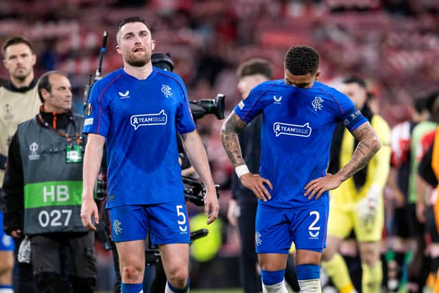 Rangers' John Souttar and James Tavernier at full time during the Europa League quarter-final defeat to Atletico Bilbao last season.