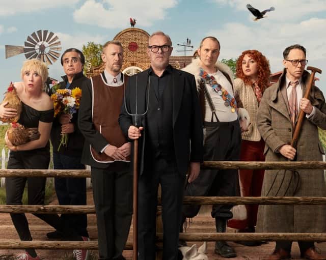 Taskmaster series 20 cast l to r: Maisie Adam, Sanjeev Bhaskar, Alex Horne, Greg Davies, Phil Ellis, Ania Magliano and Reece Shearsmith. Credit: Avalon