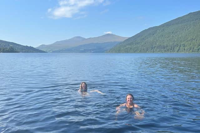 Bliss in Loch Tay after jumping off the country's first sauna boat, moored at Taymouth Marina, into the soft and cool water.