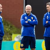 Head coach Steve Clarke, assistant coach Steven Naismith and set piece coach Andrew Hughes during a Scotland training session at The City Stadium. (Photo by Craig Foy / SNS Group)
