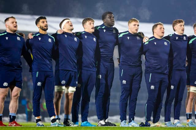 Jare Oguntibeju lines up with the Scotland A team ahead of the international match against Chile at the Hive Stadium in November 2024.