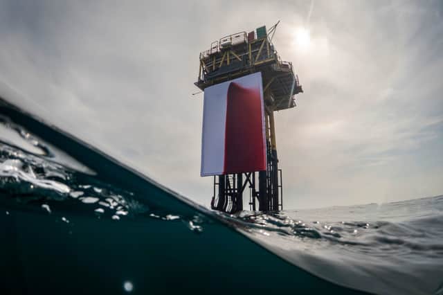 A work of art, entitled BUTCHERED, by Anish Kapoor was installed by Greenpeace activists onto a Shell platform in the North Sea to protest against the firm's greenhouse gas emissions (Picture: Andrew McConnell)