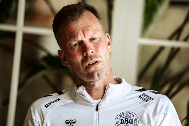 Morten Wieghorst, the assistant coach of Denmark who previously played in Scotland with Celtic and Dundee. (Photo by THOMAS TRAASDAHL/Ritzau Scanpix/AFP via Getty Images)