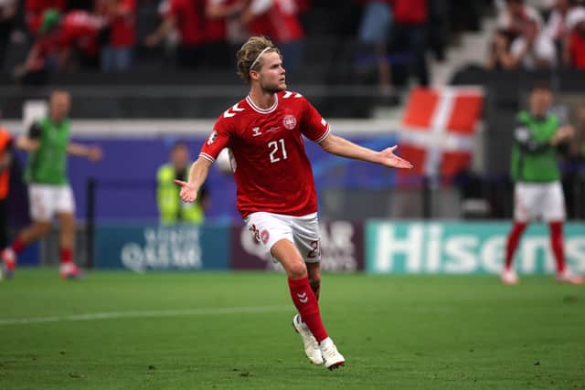 Morten Hjulmand celebrates scoring for Denmark against England at last summer's Euro 2024 tournament.