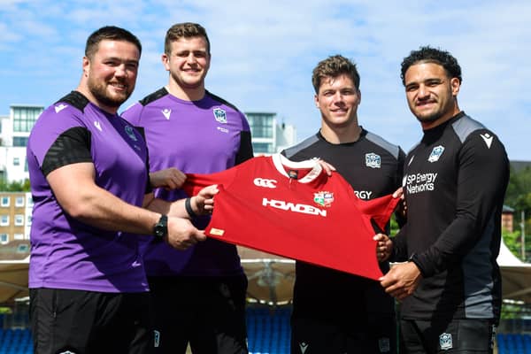 Glasgow Warriors' Zander Fagerson, Scott Cummings, Huw Jones and Sione Tuipulotu after being called up for the British and Irish Lions squad. Fagerson was forced to withdraw through injury.
