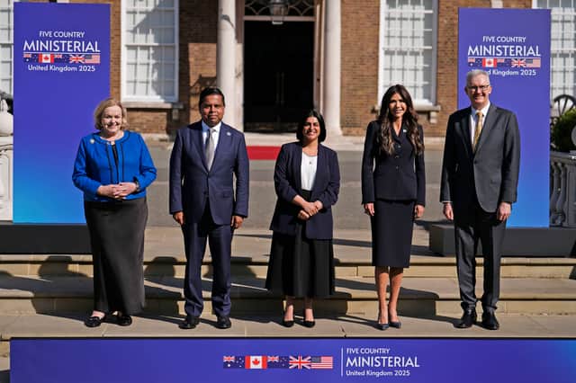 From left, New Zealand minister Judith Collins, Minister of Public Safety of Canada Gary Anandasangaree, Home Secretary Shabana Mahmood, US Secretary of Homeland Security Kristi Noem and Minister for Home Affairs of Australia Tony Burke at a Five Country Ministerial meeting at the Honourable Artillery Company, Armoury House, in the City of London