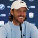 Tommy Fleetwood speaks to the media during a press conference prior to the BMW PGA Championship at Wentworth Golf Club 