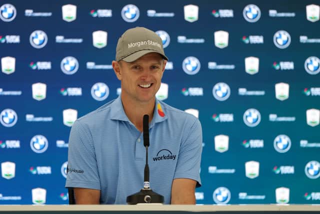 Justin Rose of England speaks to the media during a press conference prior to the BMW PGA Championship at Wentworth Golf Club