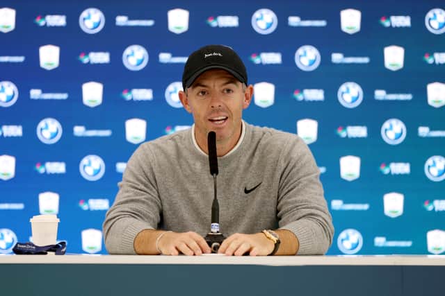 Rory McIlroy speaks to the media during a press conference prior to the BMW PGA Championship at Wentworth Golf Club in Virginia Water