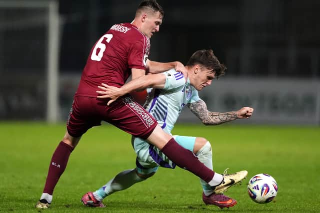 Belarus' Maksim Myakish (left) and Scotland's Ben Gannon-Doak battle for the ball during the FIFA World Cup European Qualifying match at the ZTE Arena in Zalaegerszeg, Hungary.