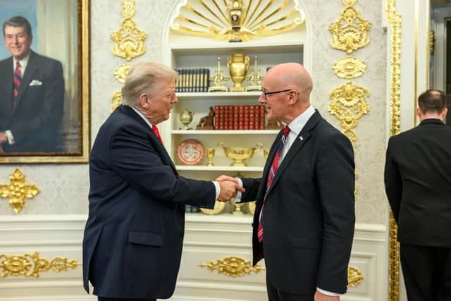 US President Donald Trump and First Minister John Swinney in the Oval Office, Washington.