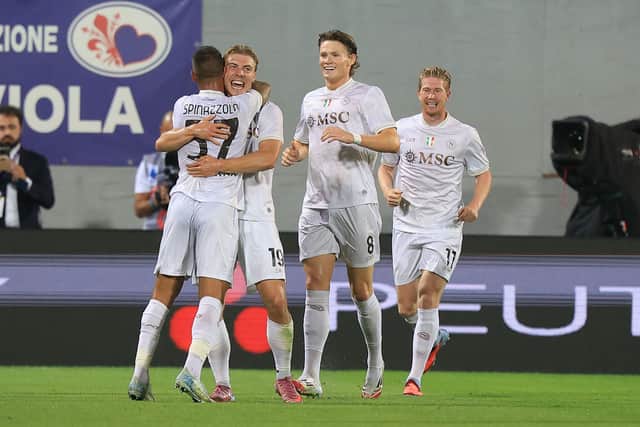 Scott McTominay goes over to congratulate Rasmus Hojlund on his debut Napoli goal.