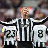 Nick Woltemade of Newcastle United celebrates scoring his team's first goal during the Premier League match between Newcastle United and Wolverhampton Wanderers at St James' Park 