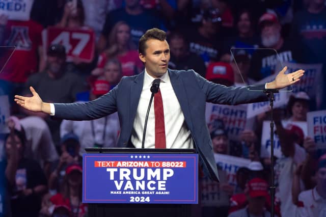 Turning Point USA Founder Charlie Kirk speaks during a campaign rally for Donald Trump in Arizona in August 2024