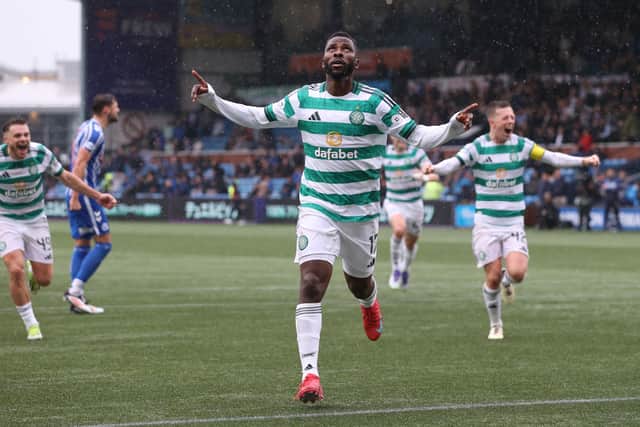 Celtic's Kelechi Iheanacho celebrates after scoring an injury-time penalty to secure a 2-1 win at Kilmarnock. (Photo by Craig Williamson / SNS Group)