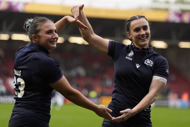 Scotland's Evie Wills (left) and Francesca McGhie thank the fans after the Women's Rugby World Cup 2025 quarter-final defeat to England.