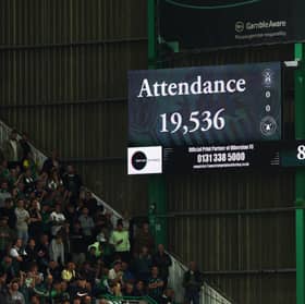 The screens at Easter Road show the official attendance during a Europa League match between Hibs and FC Midtjylland. (Photo by Ewan Bootman / SNS Group)