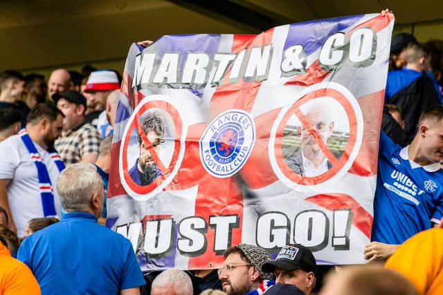 Rangers fans hold up a banner which reads 'Martin & Co Must Go' during the recent 0-0 draw with Celtic at Ibrox. (Photo by Alan Harvey / SNS Group)