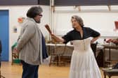 Caroline Quentin as Arkadina with Steven McNicoll as Shamrayev in rehearsals for The Seagull.