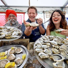 Tony Singh, Matt Tebbutt and Julie Lin at this year's Stranraer Oyster Festival