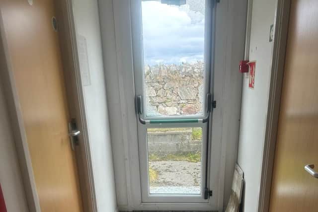 Pictures from the scene show smashed glass strewn across the floor following a reported break-in to the MoD site on Rona